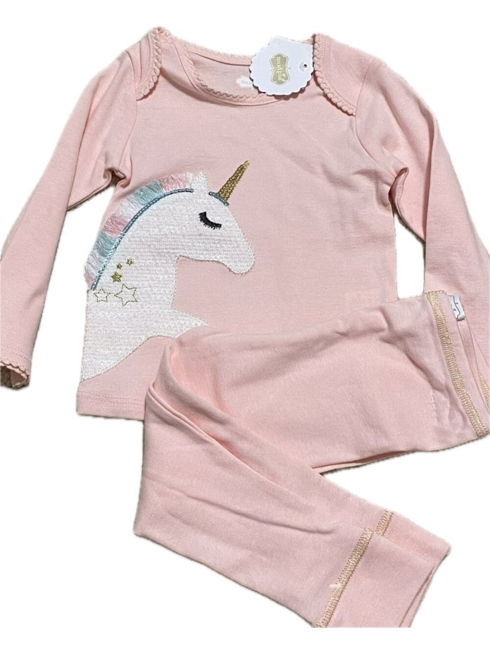 Mud Pie pink unicorn 2pc pants Set 3m 6m NWT fringe embroidery sequins applique